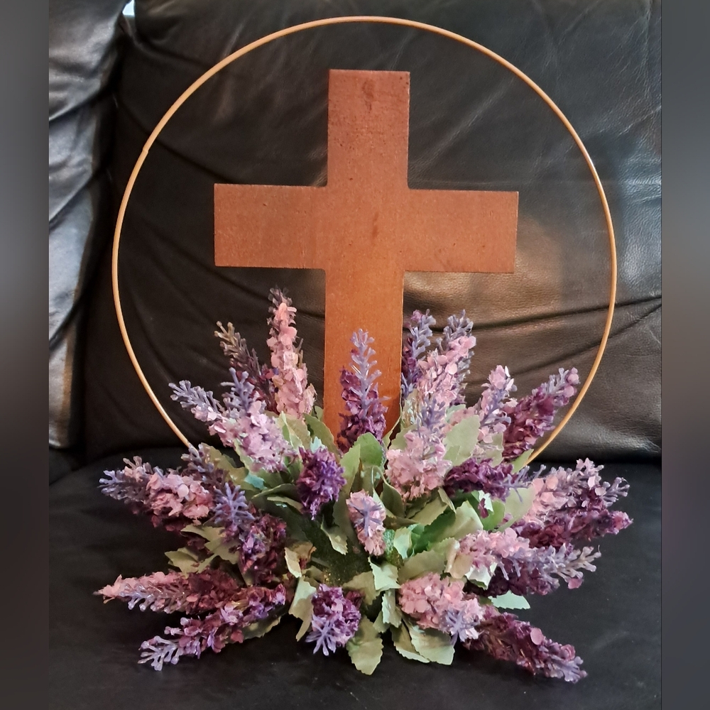 Rustic Brown Cross with Purple Floral Accent. NEW and HOMEMADE
